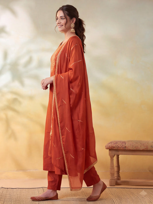 Embroidery Rust Kurta Set