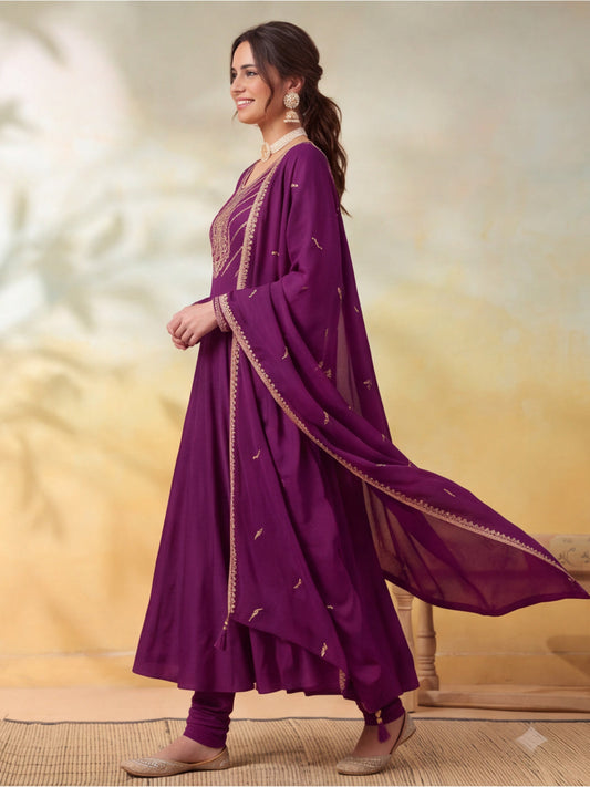 Embroidery Wine Kurta Set