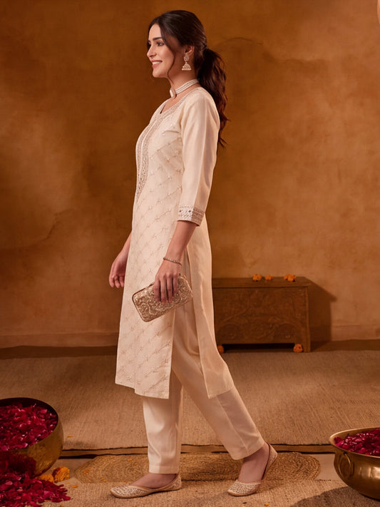 Embroidery Off White Kurta Set