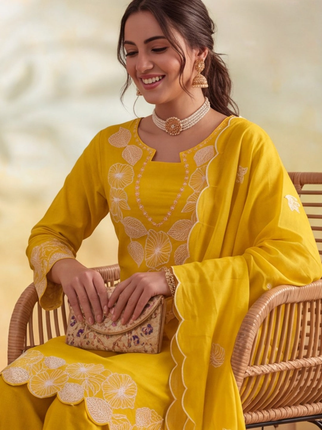 Floral Embroidery Yellow Kurta Set