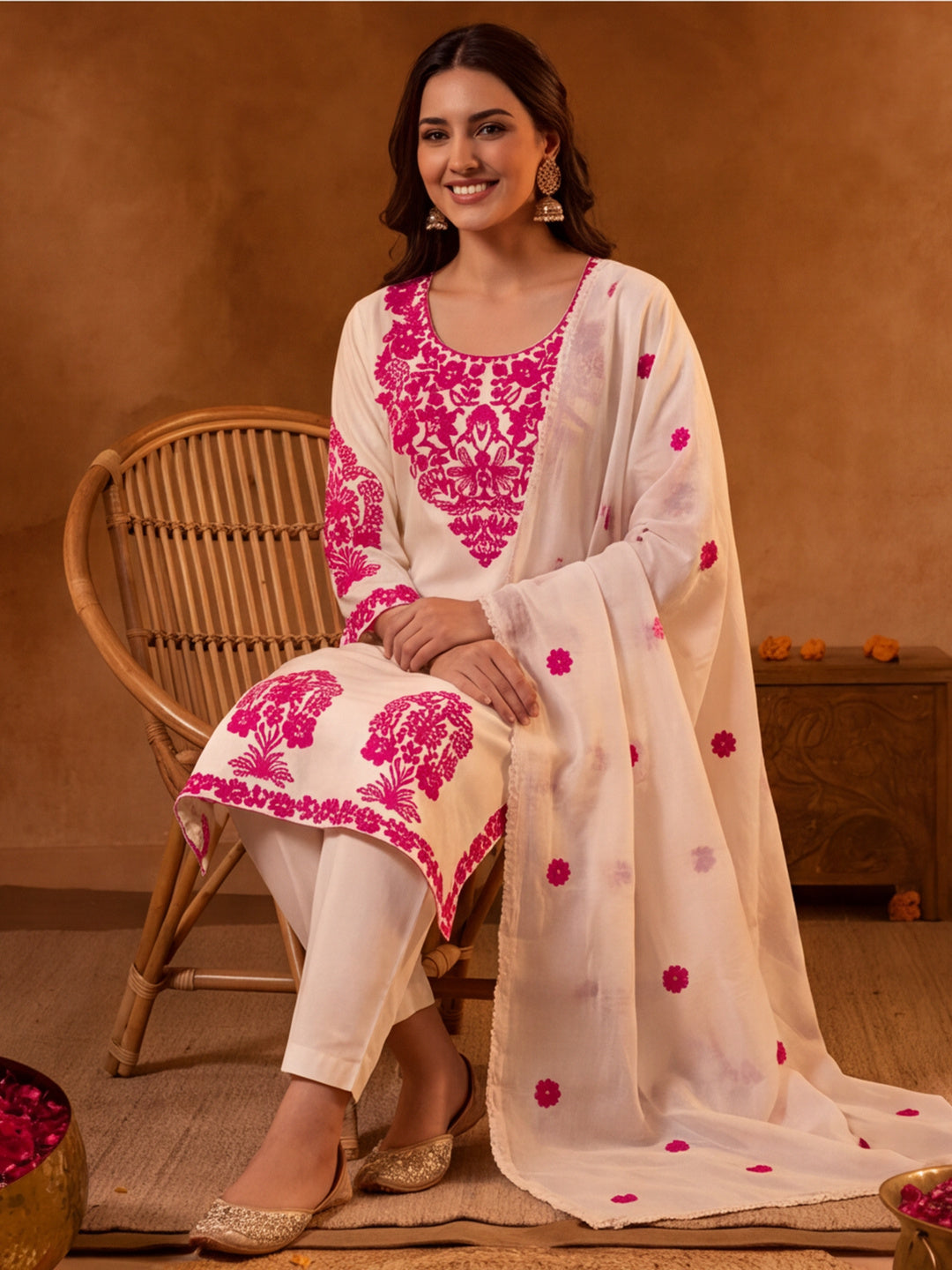 Embroidery Off White Kurta Set