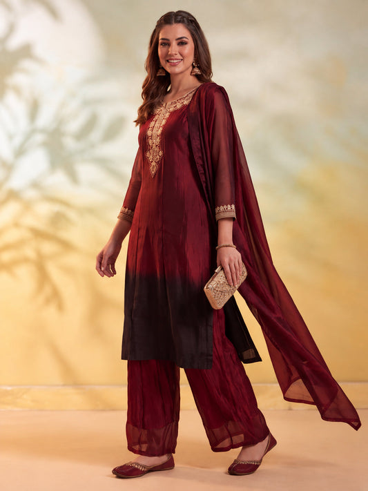Embroidery Maroon Kurta Set
