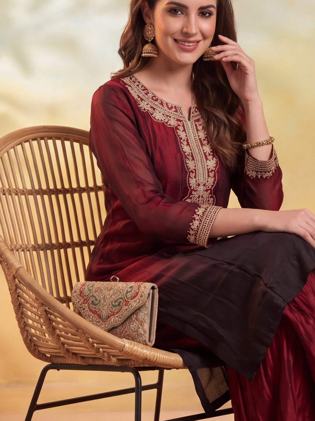 Embroidery Maroon Kurta Set