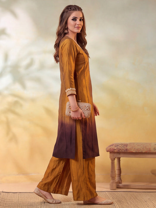 Embroidery Mustard Gold Kurta Set