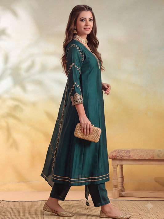 Embroidery Bottle Green Kurta Set