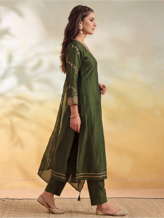 Embroidery Mehndi Green Kurta Set