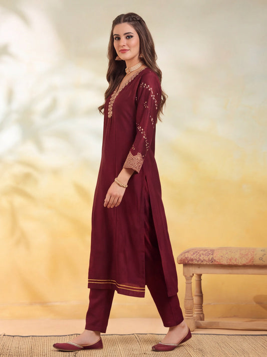 Embroidery Maroon Kurta Set