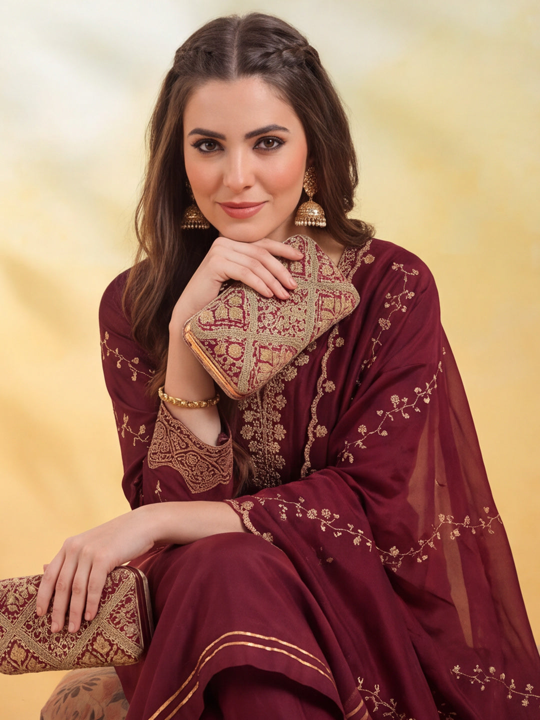 Embroidery Maroon Kurta Set
