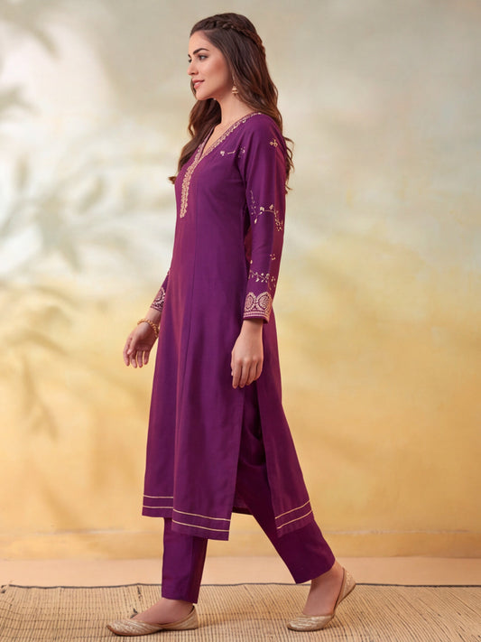 Embroidery Wine Kurta Set