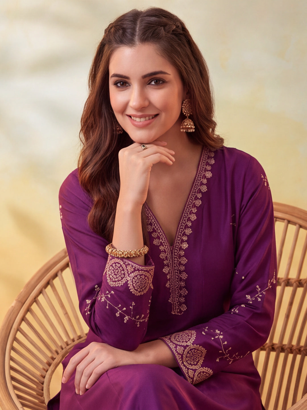 Embroidery Wine Kurta Set