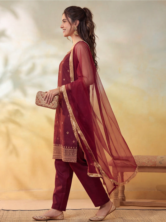 Embroidery Wine Kurta Set