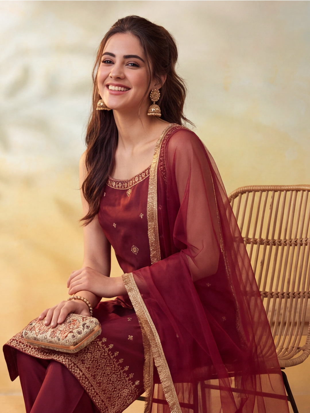 Embroidery Wine Kurta Set