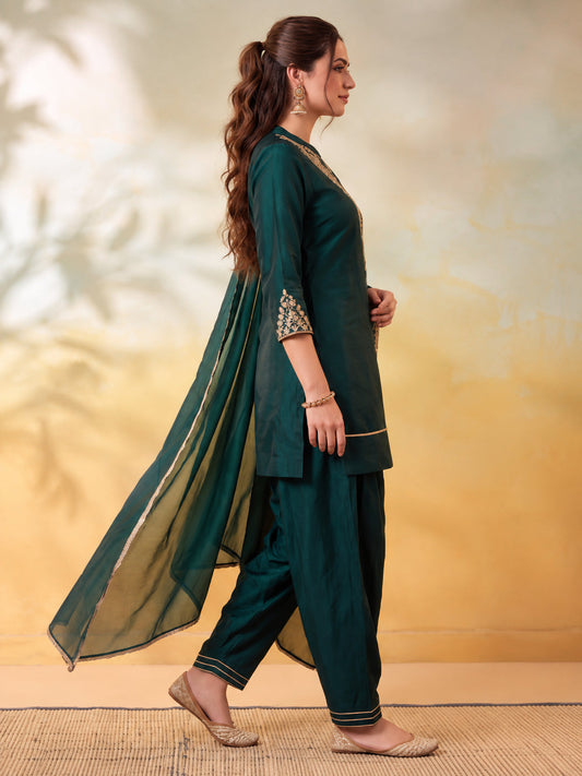 Embroidery Bottle Green Kurta Set