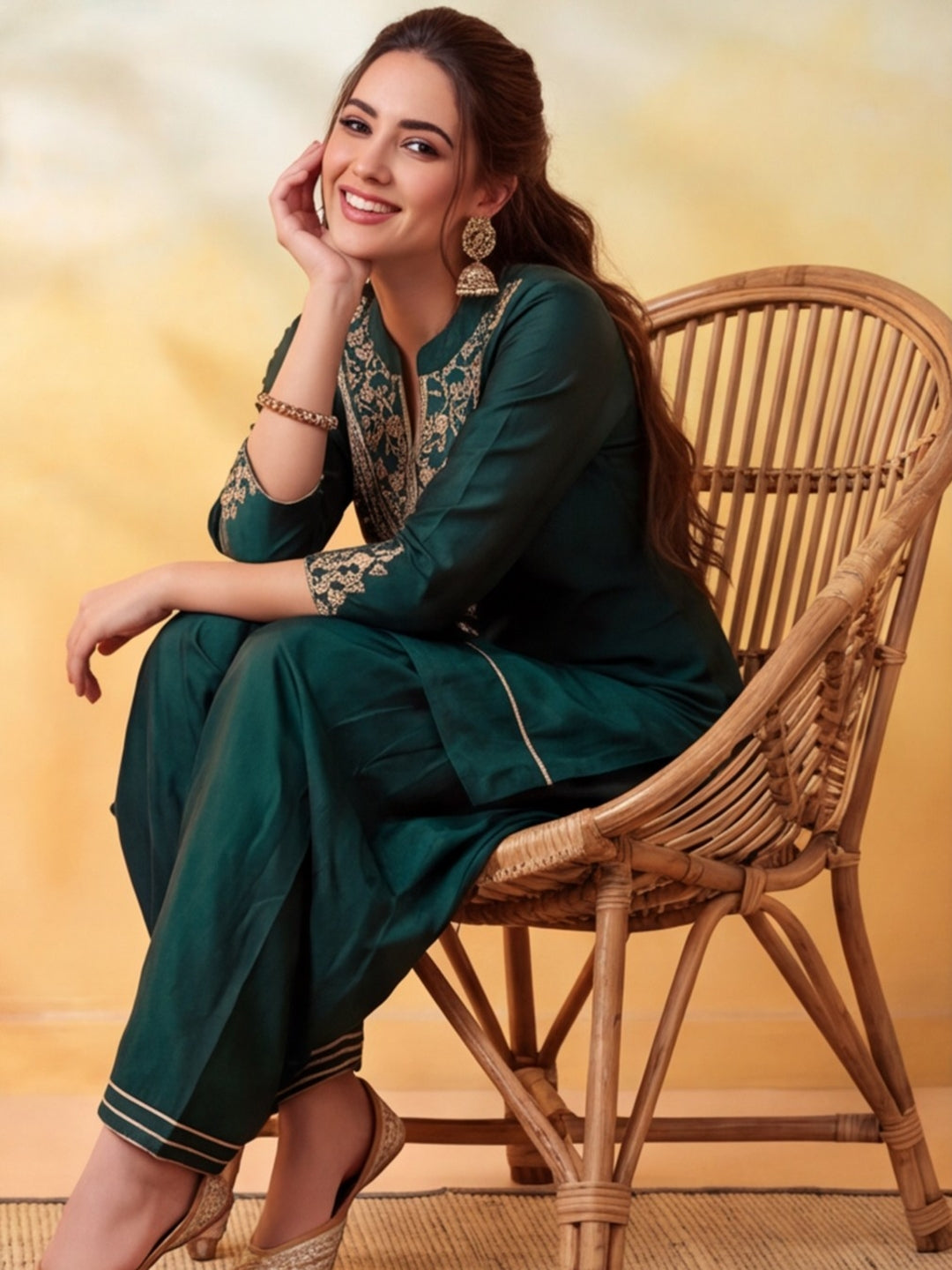 Embroidery Bottle Green Kurta Set