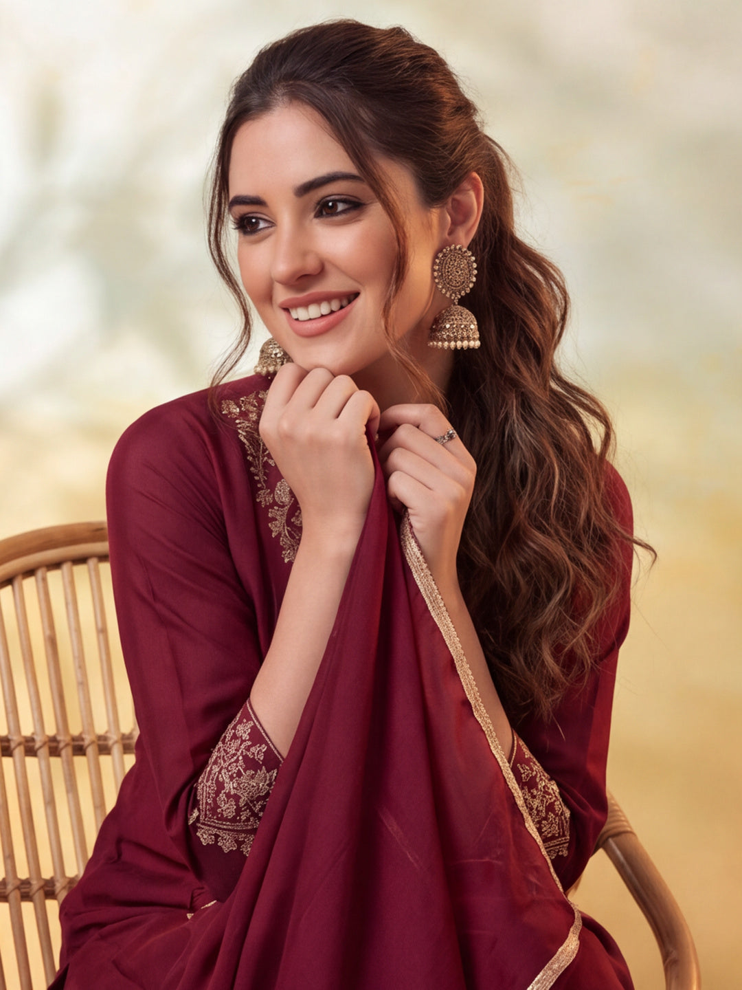 Embroidery Maroon Kurta Set
