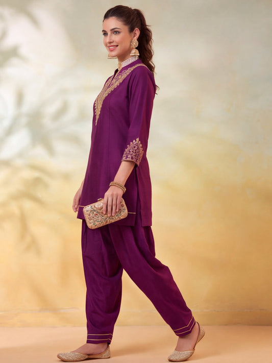 Embroidery Wine Kurta Set