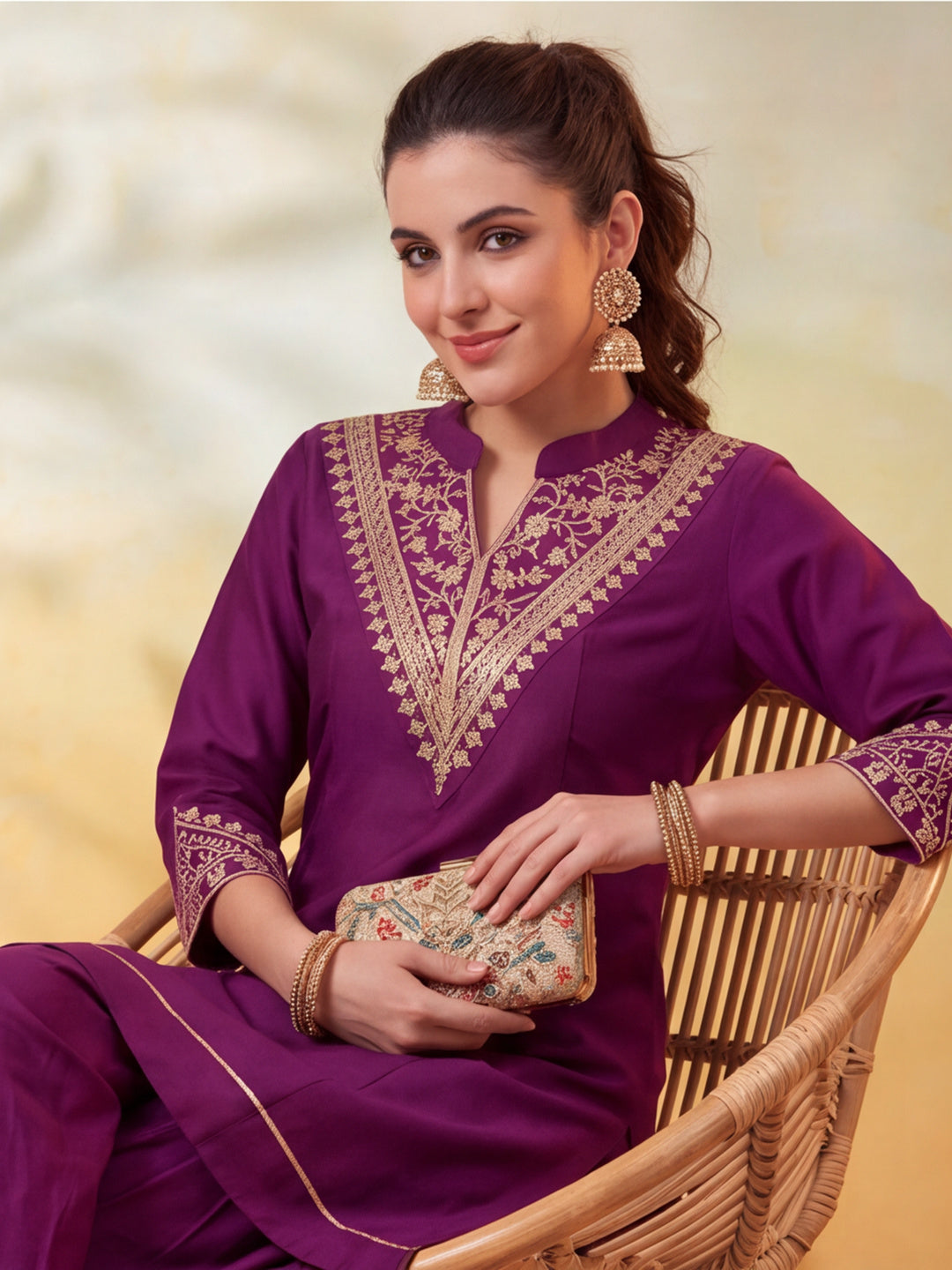 Embroidery Wine Kurta Set