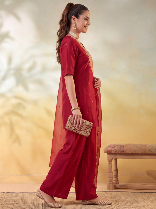 Embroidery Maroon Kurta Set