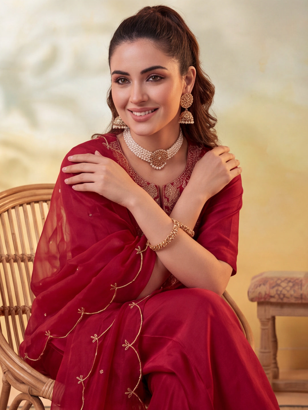 Embroidery Maroon Kurta Set