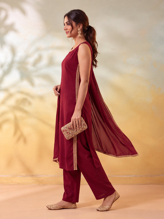 Embellished Maroon Kurta Set