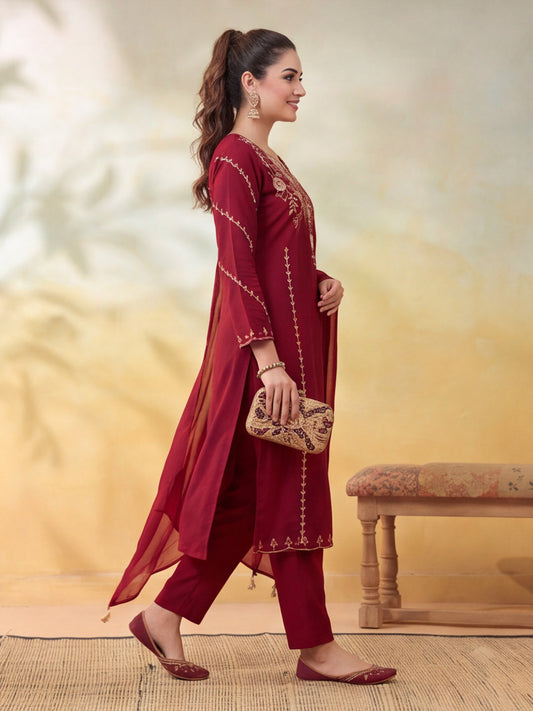 Embroidery Maroon Kurta Set