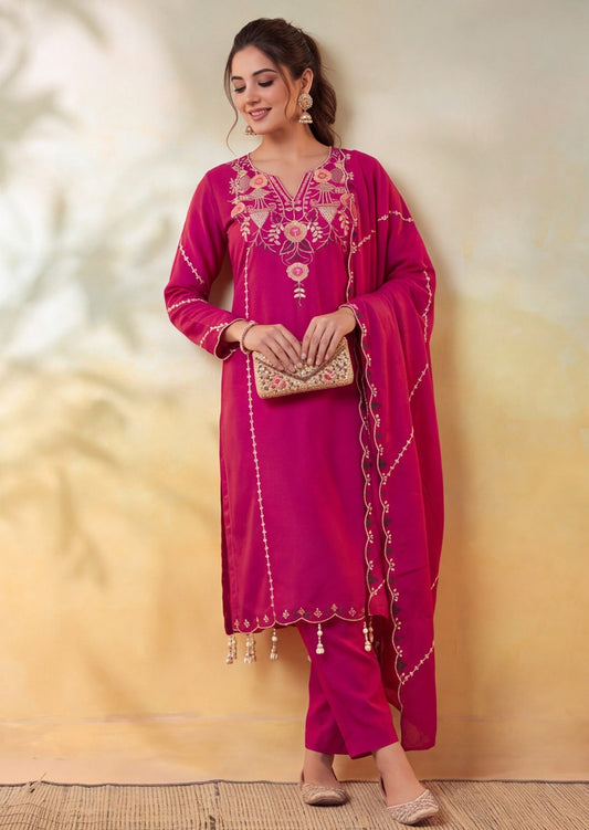 Embroidery Rani Pink Kurta Set
