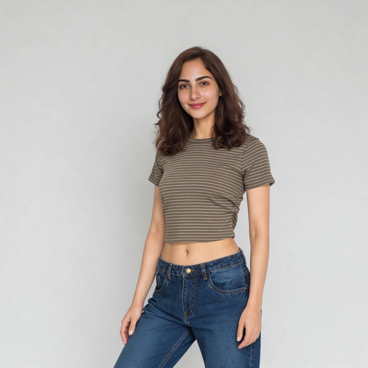 Knitted Striped Slim Fit Crop T-Shirt