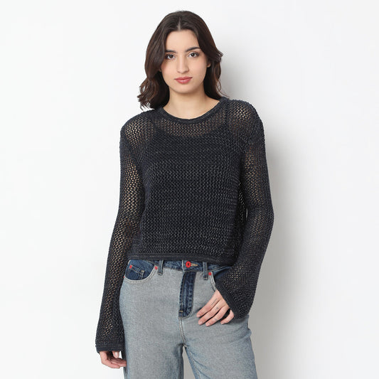 Full Sleeve Regular Fit Solid Flat Knit T-Shirt