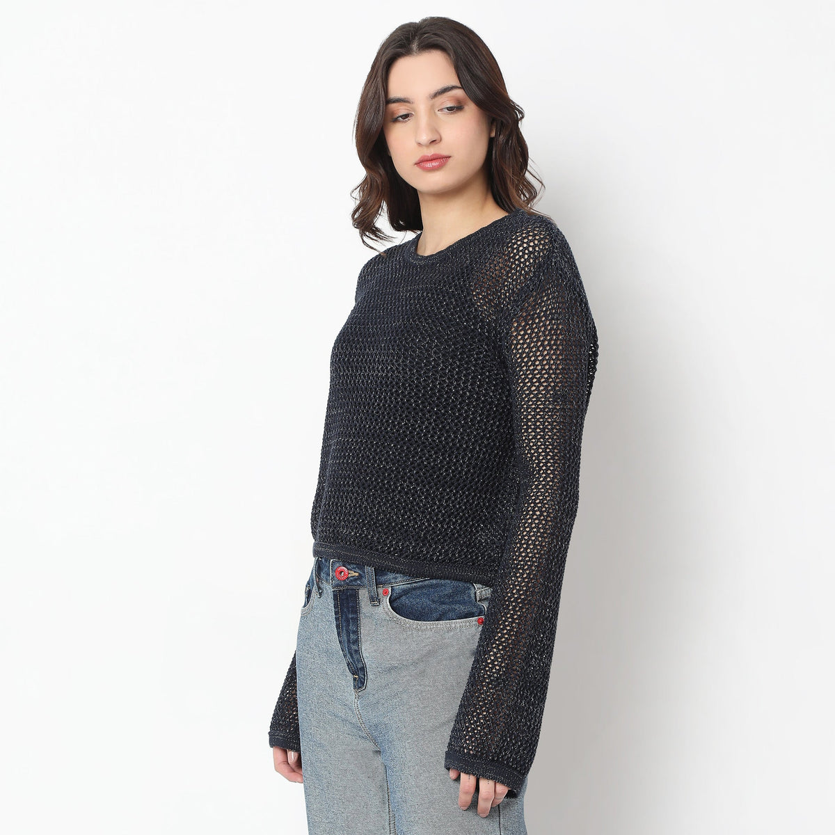 Full Sleeve Regular Fit Solid Flat Knit T-Shirt