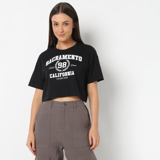 Round Neck Half Sleeve Boxy Fit Graphic Crop T-Shirt