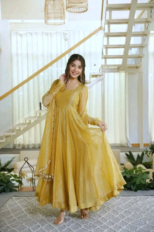 Mustard Yellow Foil Work Anarkali Suit Set | Women’s Wedding & Festive Wear