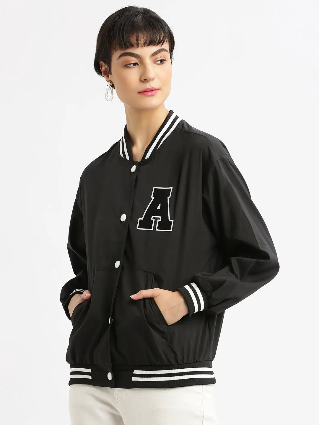 Women's Black Windcheater Crop Bomber Jacket