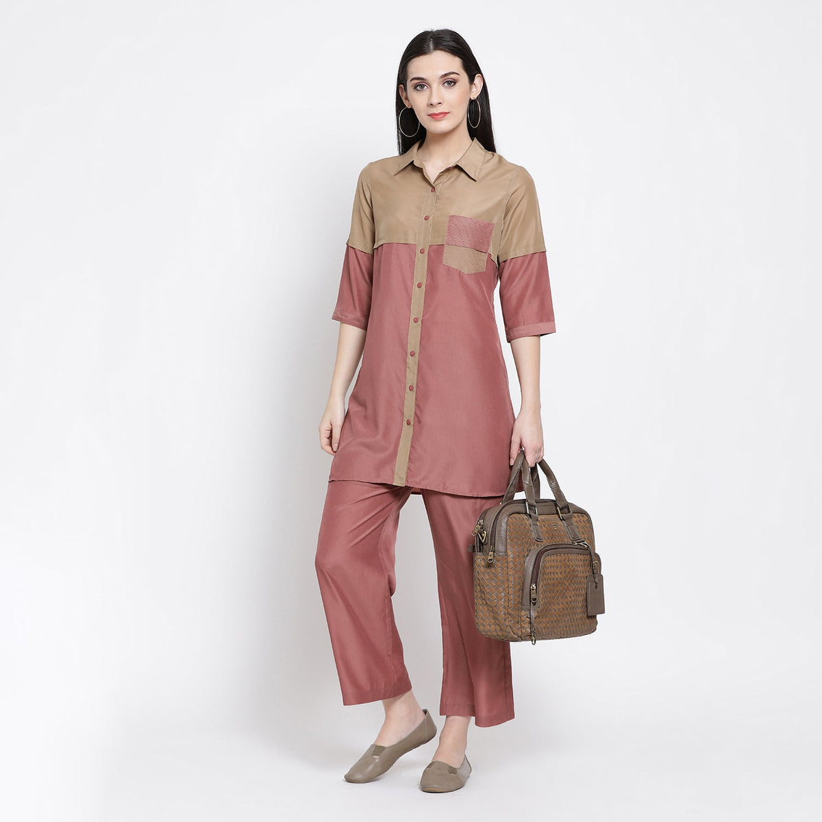 Half in Half Beige & Peach Tunic With Quilting Pocket