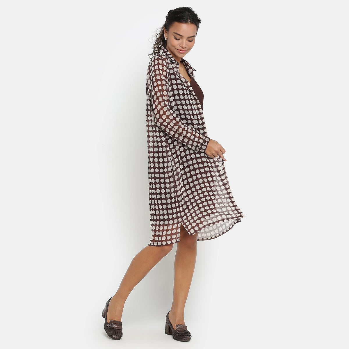 Brown Georgette Polka Dot Long Tunic With Spaghetti Inner