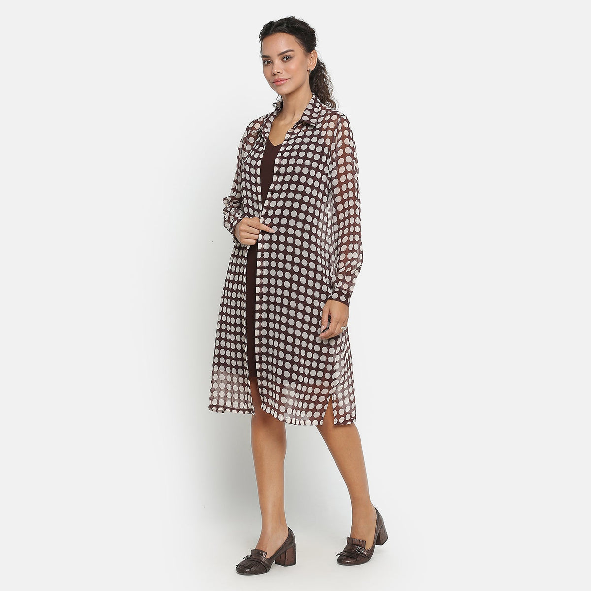 Brown Georgette Polka Dot Long Tunic With Spaghetti Inner