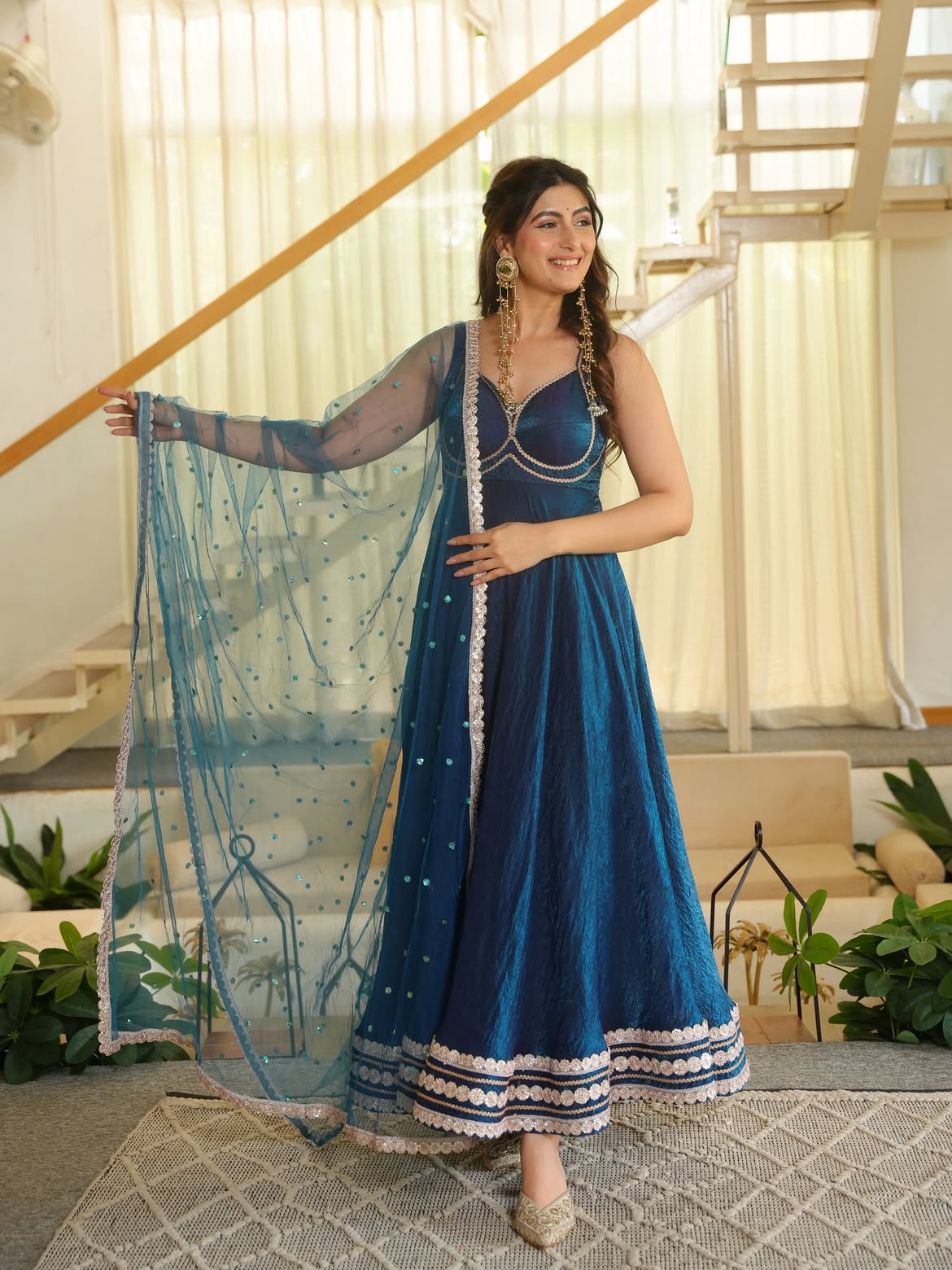 Blue Fendy Silk Fancy Lace Work Gown