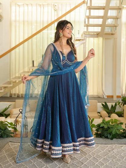 Blue Fendy Silk Fancy Lace Work Gown