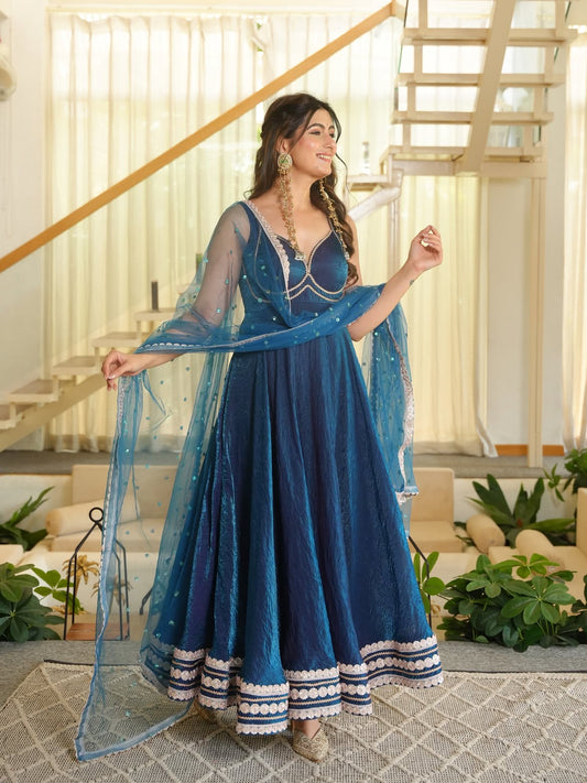 Blue Fendy Silk Fancy Lace Work Gown