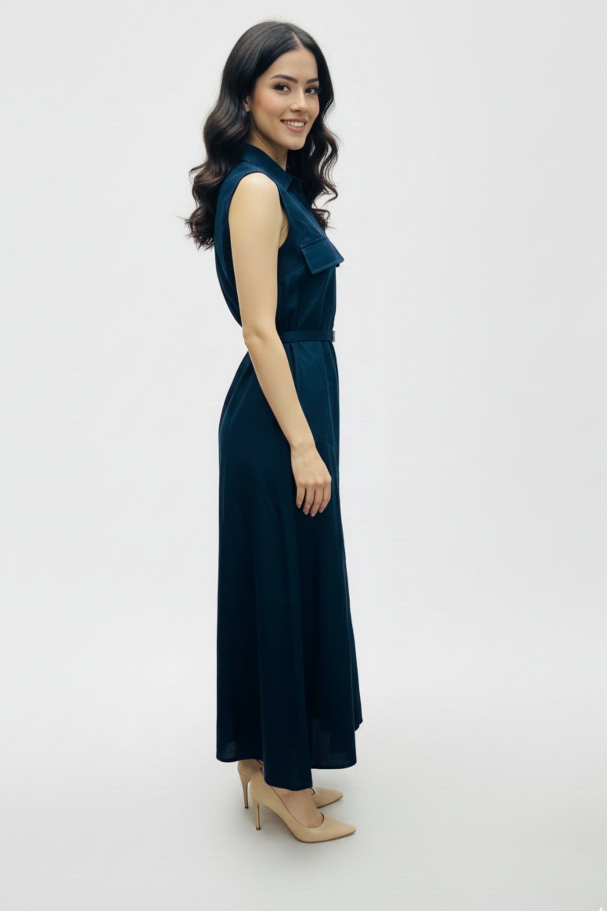 Dark Blue Belted Maxi Dress