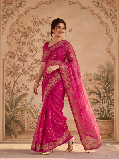 Lovely Embroidery Pink Saree