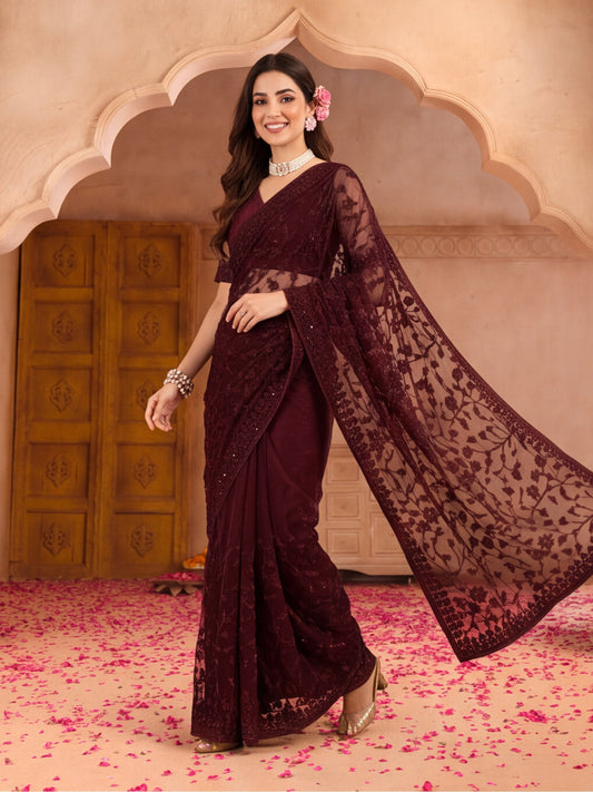Burgundy Embroidered Net Saree