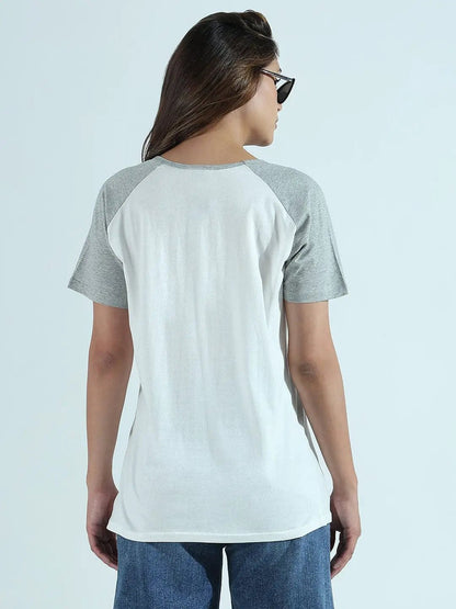 Women's Typography Printed White Relaxed Fit Raglan Sleeves T-Shirt