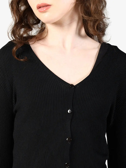 Women's Ribbed Black Button Down Top