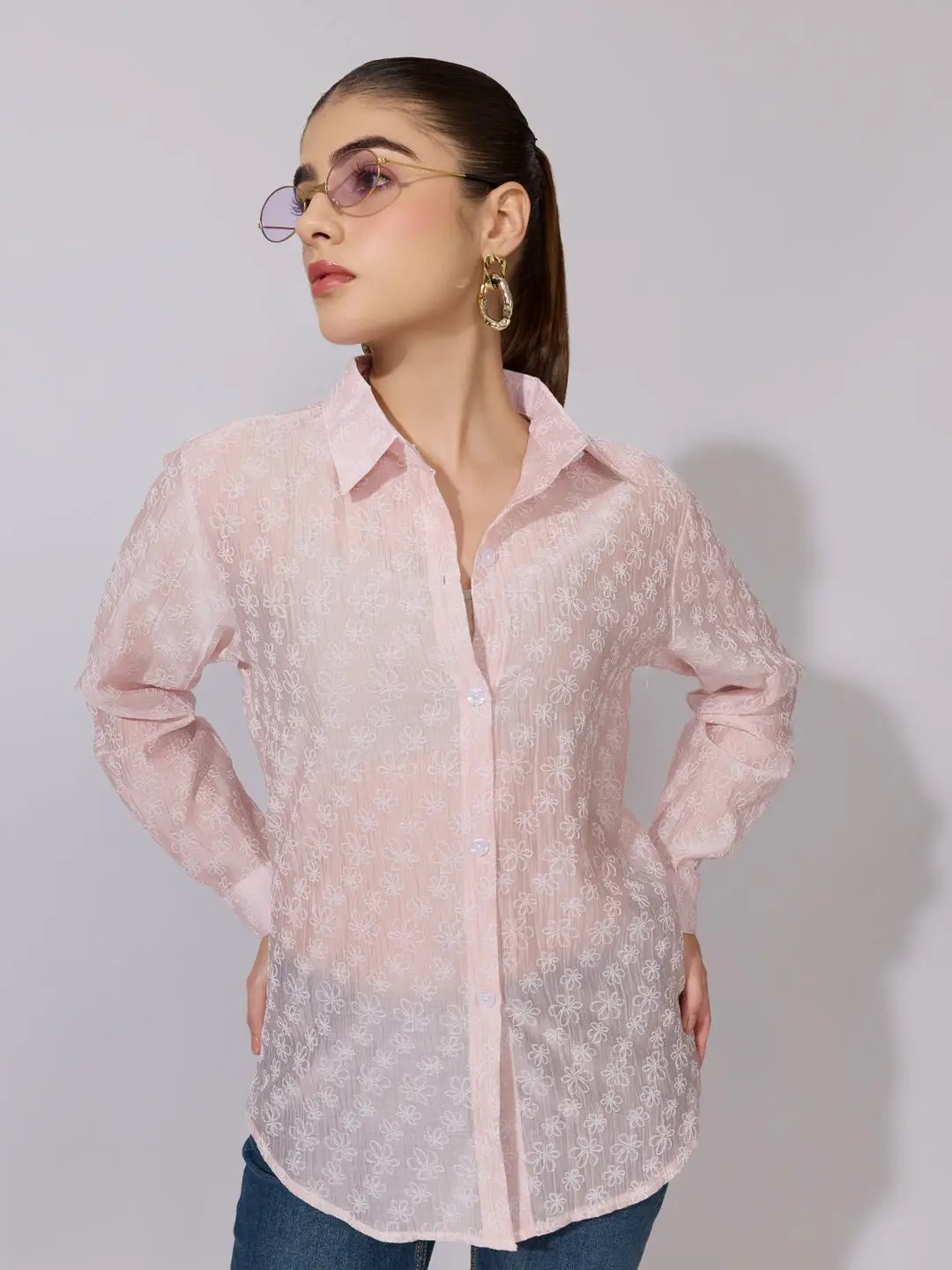 Women's Embroidered Pink Sheer Button-Down Shirt