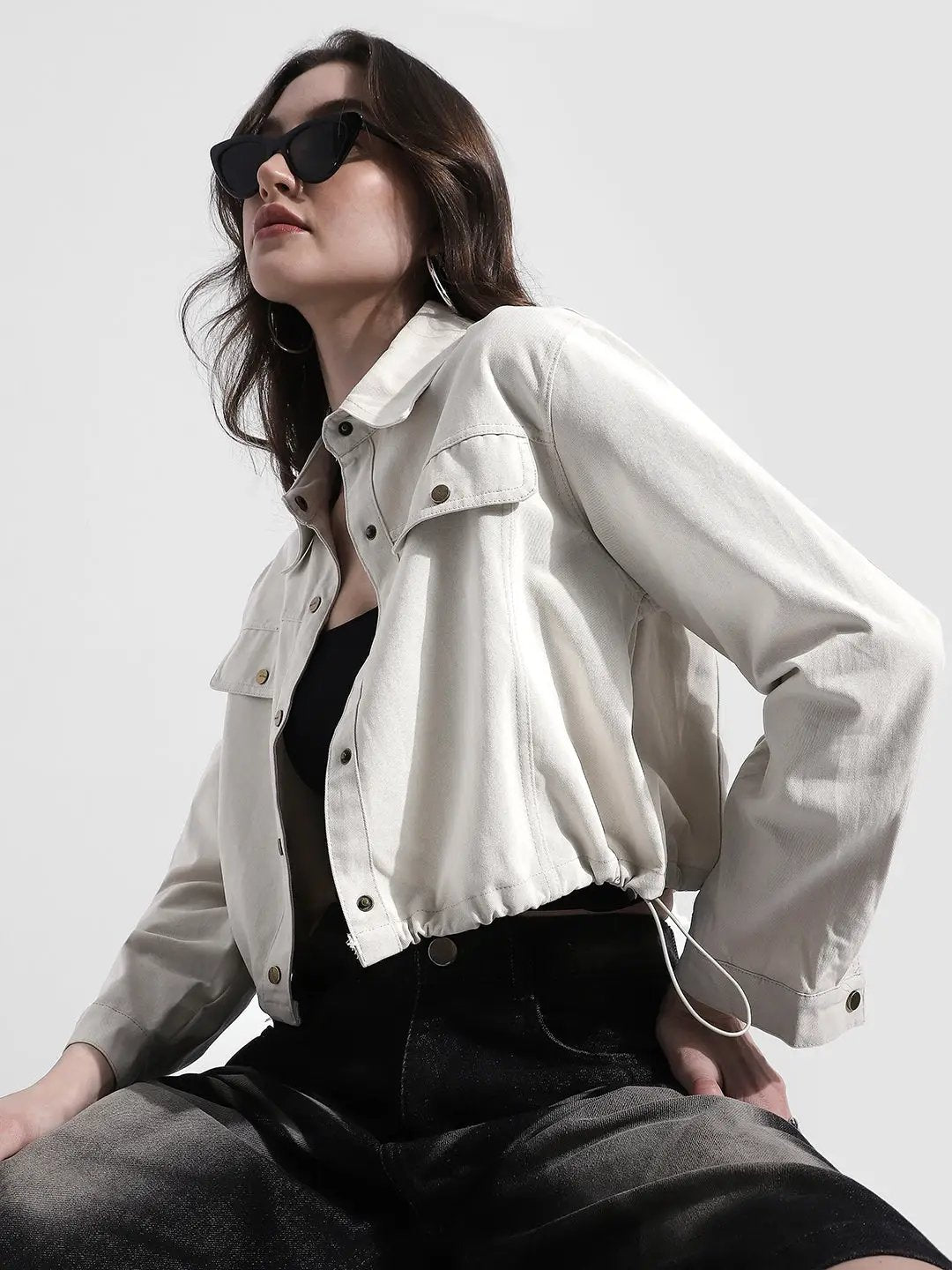 Women's Off White Cropped Denim Jacket with Elasticated Hem