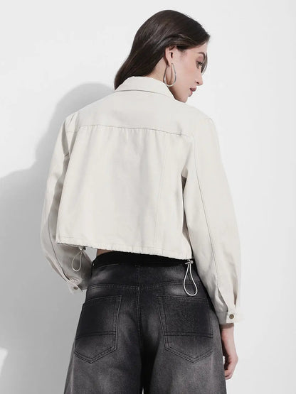 Women's Off White Cropped Denim Jacket with Elasticated Hem
