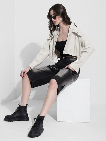 Women's Off White Cropped Denim Jacket with Elasticated Hem