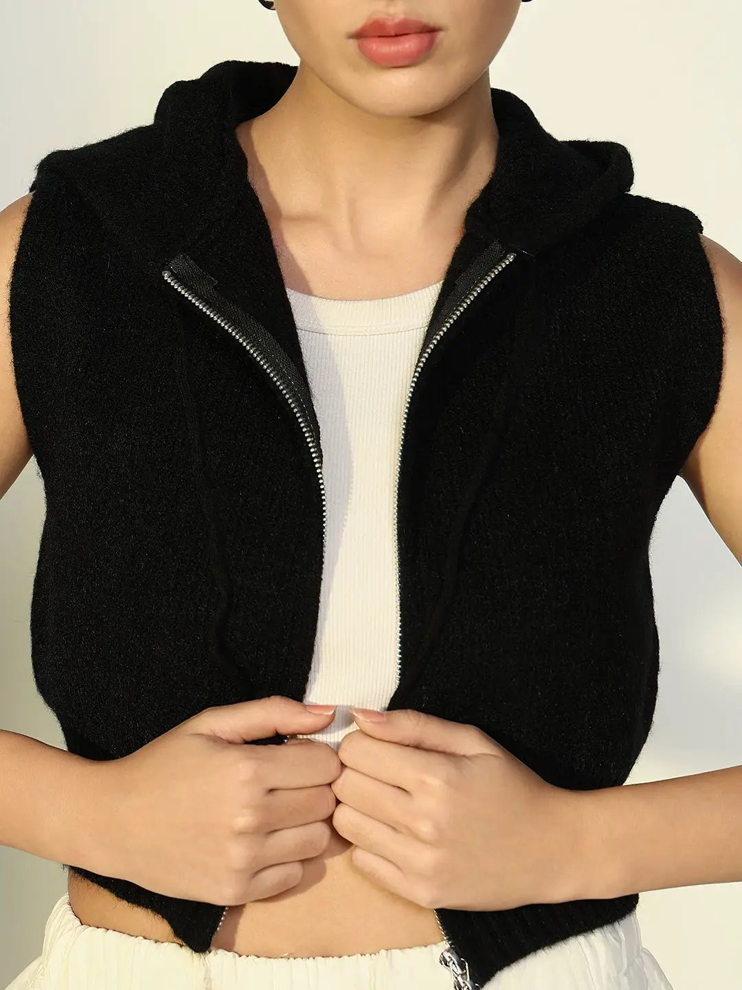 Women's Ribbed Black Hooded Short Top with Zip