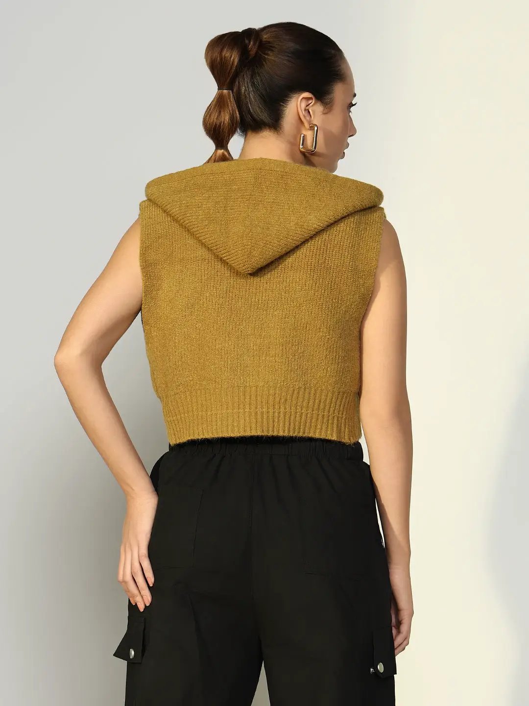 Women's Ribbed Green Hooded Short Top with Zip