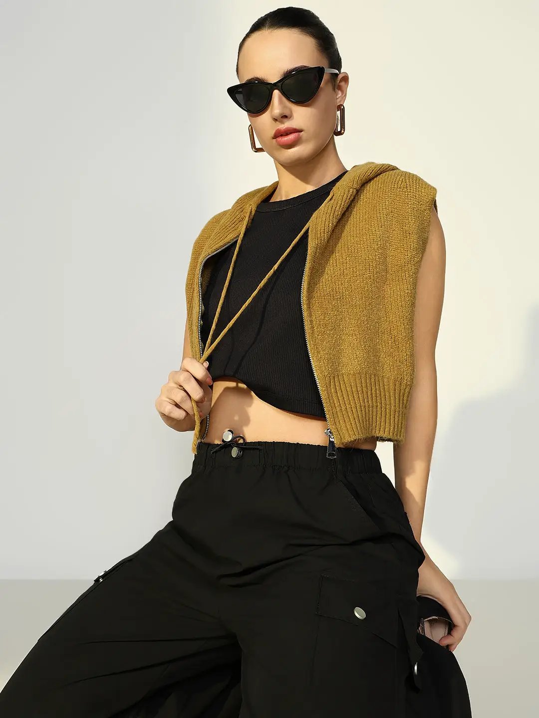 Women's Ribbed Green Hooded Short Top with Zip